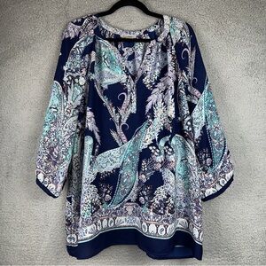 Roz & Ali Top Womens 2X Blue Multicolor Floral Paisley Print Button Up Blouse